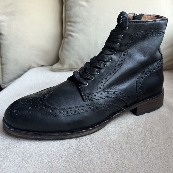 Blake McKay Black Leather Wingtip Ankle Boot Men 10.5 Classic Side Zip Lace Up - Picture 2 of 13